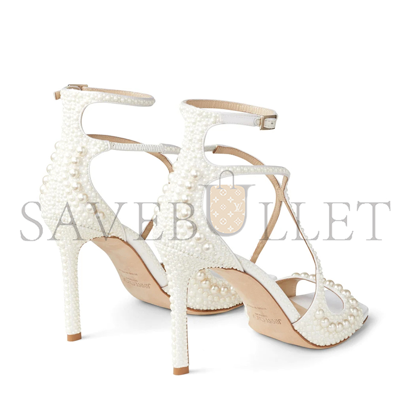 JIMMY CHOO AZIA 95 WHITE SATIN SANDALS WITH ALL-OVER PEARLS AZIA95WOZ_S